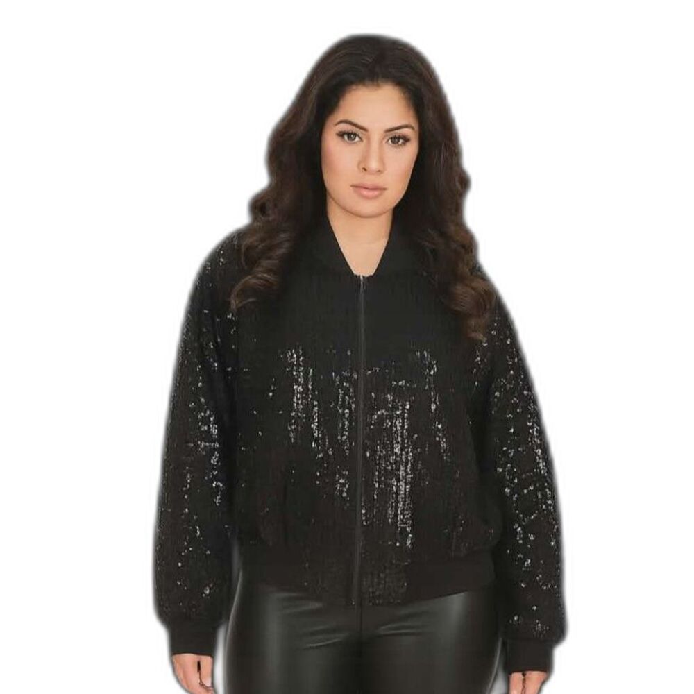 Bomber Jacket Coat Vintage 80s Sequin Black Women's Woman's Size Large